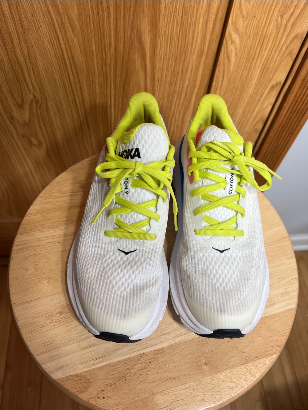 Hoka White Running Shoes with Neon Yellow Accents